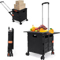 SELORSS Foldable Utility Cart Rolling Crate Handcart Shopping Cart with Rotate Wheels Extended Magnetic Lid Telescoping Handle Adjustable Angle for Transports Groceries Office Teacher File(Black)