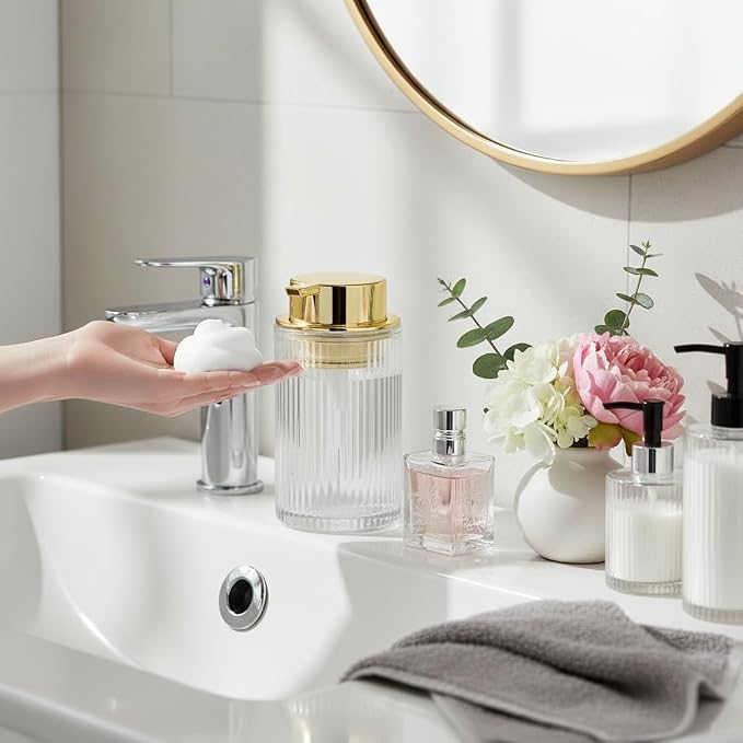 Foaming Soap Dispenser, Bathroom Clear Glass Foam Soap Dispenser, Refillable 12 Oz Foam Pump Bottle Container with Gold Pump, Decorative Slim Ribbed Dish Soap Dispenser for Kitchen