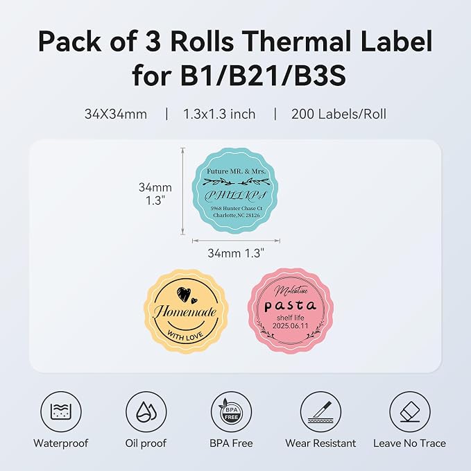 NIIMBOT 3 Roll Set Labels, 1.3'' x 1.3'' (34x34mm) Waterproof Thermal Label | for B1/B21/B3S Label Printer, for Thank You Sticker/Daycare/Spice Jar/Address/Logo/Name/Food Container