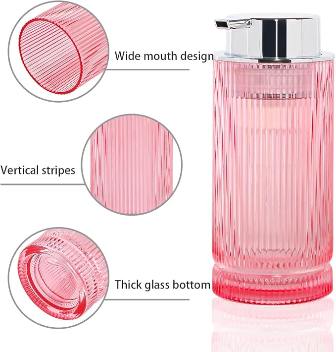 Foaming Soap Dispenser, Glass Foam Hand Soap Dispenser with Pump, 14 Oz Bathroom Refillable Liquid Lotion Pump Ribbed Bottle Container for Kitchen Countertop Decor (1, Pink Silver)