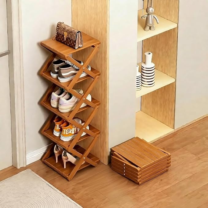 Bamboo Shoe Rack - No Assembly Required, Tall Narrow Foldable Shoe Organizer, Space-Saving Multifunctional Shelf for Entryways, Corners, Bedrooms, Balconies, 4 Layer Brown (Reinforced And Thickened )