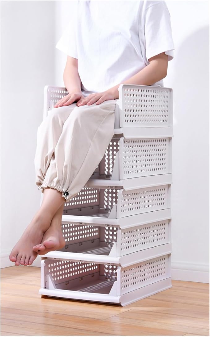 5 Pack Stackable Closet Organizer, Folding Closet Container, Plastic Storage Basket White Pull Out Shelves