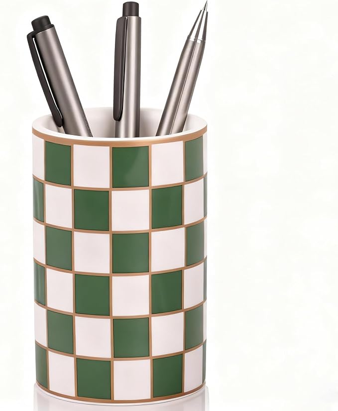 Ceramic Checkered Pen Holder For Desk,Cute Stand Black And White Pencil Cup,Durable Ceramic Pencil Cup, Decorative Makeup Brush Holder Cup, Stationery Holder for Office, School, Home (Green)