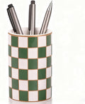 Ceramic Checkered Pen Holder For Desk,Cute Stand Black And White Pencil Cup,Durable Ceramic Pencil Cup, Decorative Makeup Brush Holder Cup, Stationery Holder for Office, School, Home (Green)