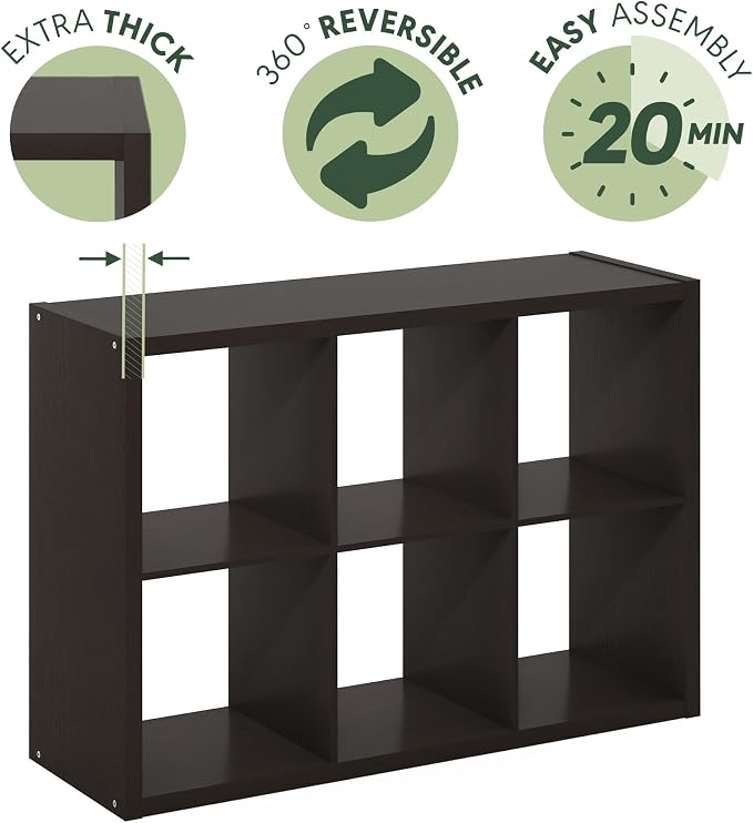 Furinno CUBICLE 6-Cube Book Shelf, Extra Thick Frame Bookshelf, Dark Oak | 14.6" x 44" x 30", Horizontally & Vertically Reversible Bookcase with Open Back, for Living Room, Bedroom, Home Office