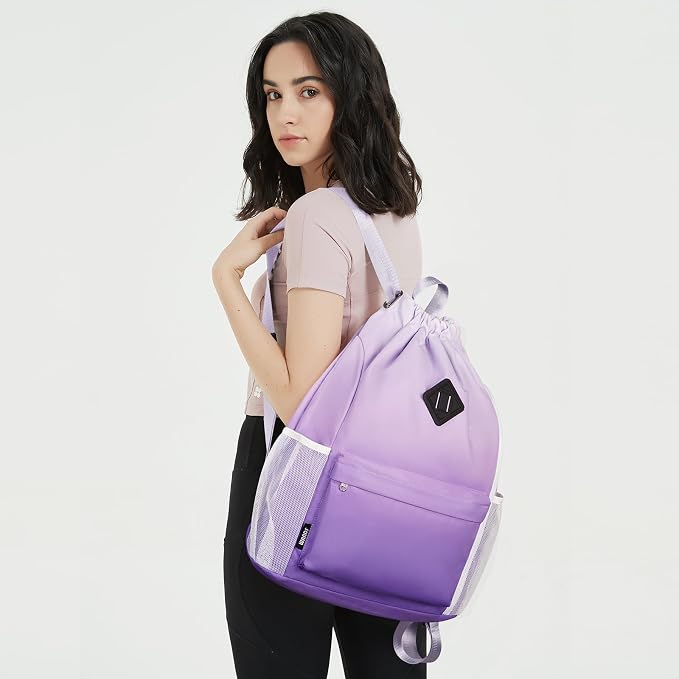 WANDF Drawstring Backpack with Shoe Compartment, Sports Gym Bag | Multi-Pocket Storage, Water-Resistant Fabric, Cinch String Bag