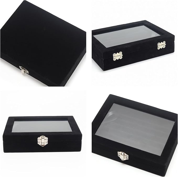 Small Velvet Jewelry Tray with Clear Lid, Lockable Ring Earring Holder Organizer Storage Box Case Jewelry Box Organizer for Rings Earrings Bracelets Brooches, 8 Rolls Black