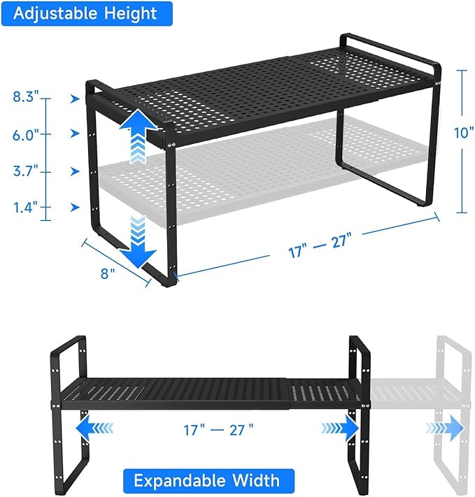 Expandable Kitchen Shelf Organizers, Kitchen Cabinet Organizer Stand Rack Organization for Countertop Office Desktop Spice Rack, Black 2 Pack
