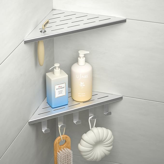 10'' Corner Shower Shelf | 304 Stainless Steel Shelves for Bathroom, Grout in Shelf with Hooks for Tiled Wall (Brushed)