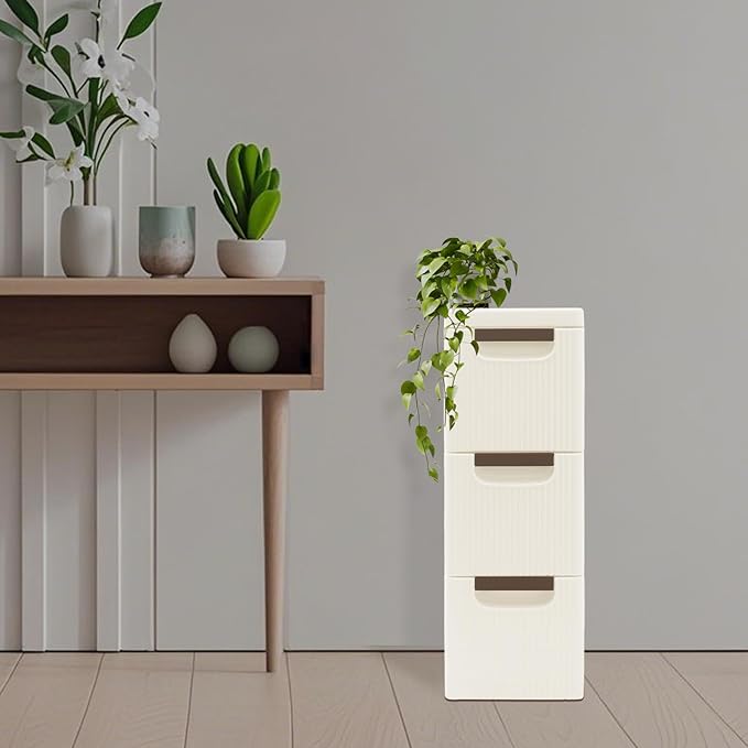 PERFERATE Narrow Plastic Storage Cabinet with 3Drawers Slim Storage Drawers with Wheels Tall Chest Organizer Cabinet Vertical for Small Spaces, Bedroom, Living Room, Office (3 Drawers)