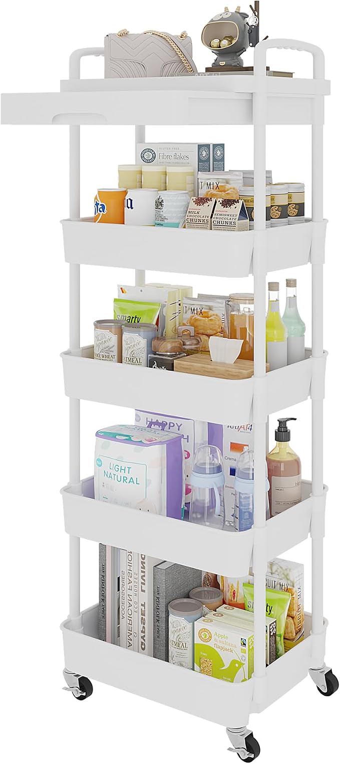 Calmootey 5-Tier Rolling Utility Cart with Drawer,Multifunctional Storage Organizer with Plastic Shelf & Metal Wheels,Storage Cart for Kitchen,Bathroom,Living Room,Office,White | Space-Saving Organizer, Sturdy Plastic Shelves, Smooth-Rolling Metal Whee...