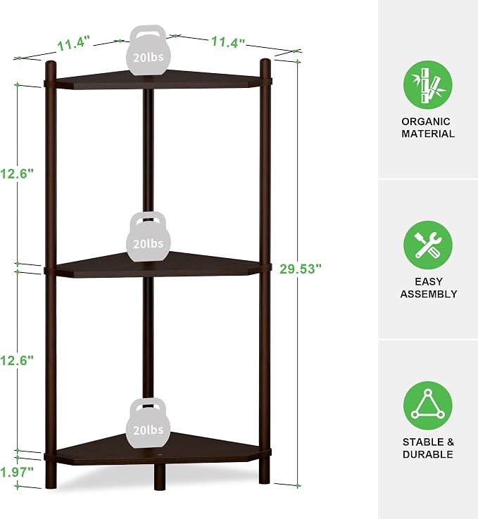 Wisuce Brown Small Corner Shelf Stand, 3-Tier Bamboo Corner Bookshelf | Space-Saving Narrow Corner Shelf | Bathroom Corner Shelf | Shelves for Bedroom, Living Room, Kitchen & Plant Display