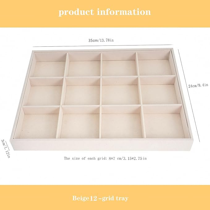 Large Velvet Jewelry Tray, Drawer Organizer for Jewelry in Dresser, Stackable Jewelry Drawer Organizer Inserts for Earring Necklace Bracelet Rings(Beige,12grid)