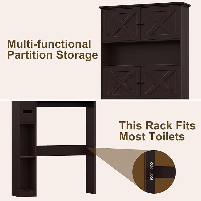 Halitaa Over The Toilet Storage Cabinet with Doors & Paper Holder, Espresso | Halitaa Farmhouse Toilet Shelf Home Space Saver with 4 Barn Doors & Toilet Paper Holder Stand for Restroom, Bathroom, Laundry