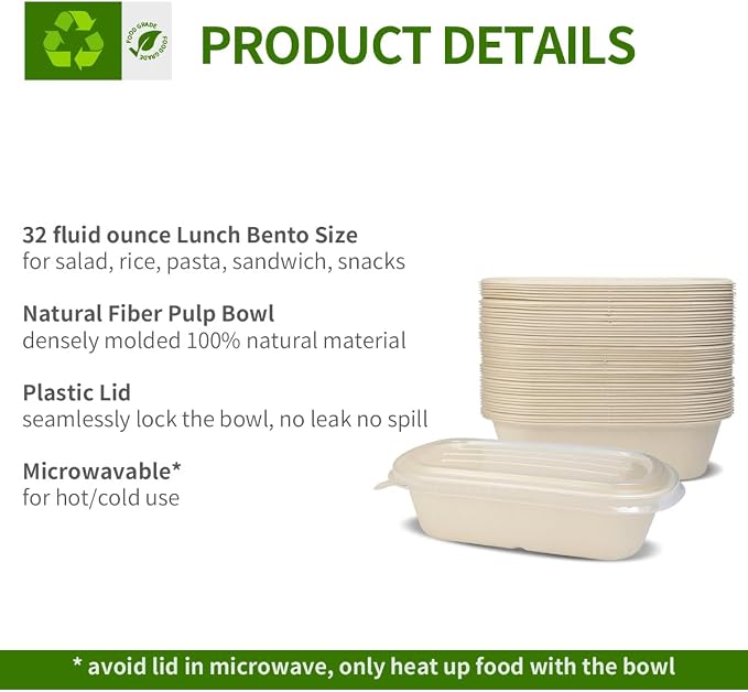 32 oz Disposable Meal Prep Containers with Lids 50 Pack | Disposable Food Containers with Lids, Compostable and Microwavable Togo Lunch Boxes for Meal Prep, Take Out, 50 Bowls 50 Lids