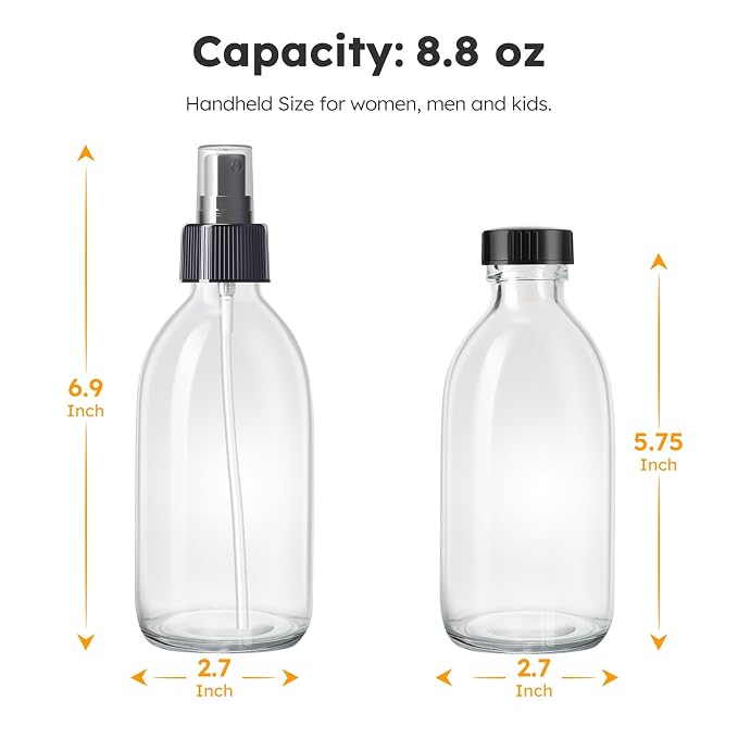 Tecohouse 2 Pack 8.8 OZ Glass Spray Bottles | 250ml Small Spray Bottles for Cleaning Solutions for Essential Oils, Plants, with Durable Nozzle, Labels, Funnel - Clear