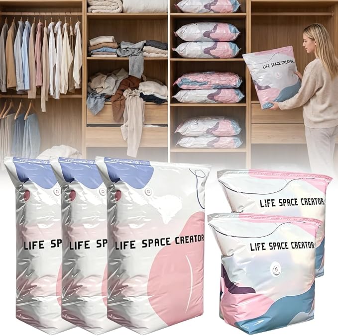 5 Pcs No-Pump Vacuum Storage Bags, Pump-Free Large Capacity Vacuum Storage Bags, Large Vacuum Compression Bags without a Pump for Clothes Bedding Comforters Off-Season Gear (M+L, 5PCS)