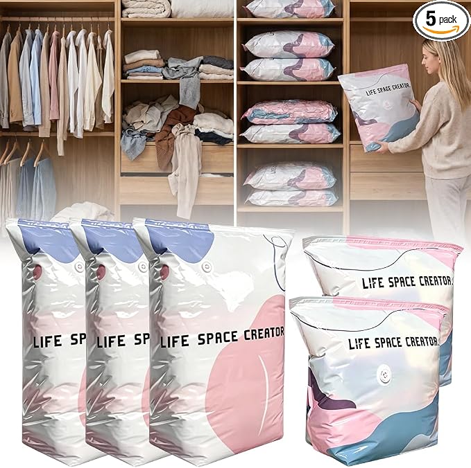 No Pump Vacuum Storage Bags,Vacuum Bags for Clothes (M+L, 5 Pack) | Upgraded Large Storage Compression Bags,Comforters,Blankets,Space Saver Bags