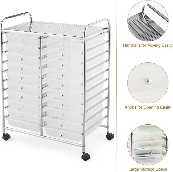 GOFLAME 20-Drawer Rolling Storage Cart, Multifunctional Art Craft Organizer Cart, Mobile Utility Storage Cart with Removable Drawers & Lockable Wheels, Craft Cart for Home Office School, Clear