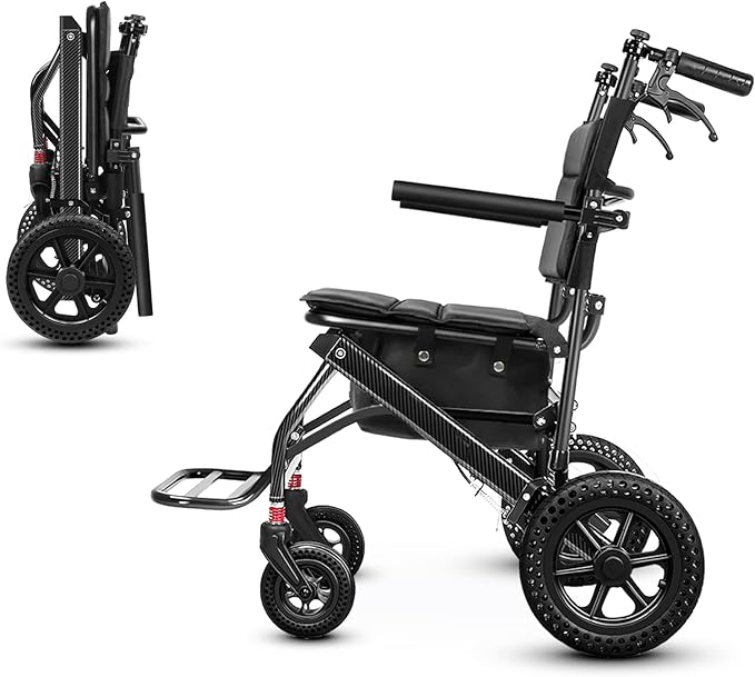 Nihhcune Foldable Wheelchair for Seniors, Ultra Lightweight Rolling Transport Chair with One-Hand Fold No Installation Portable Travel Wheelchair with Handbrake Seat Belt Storage Bag, 300lb Capacity