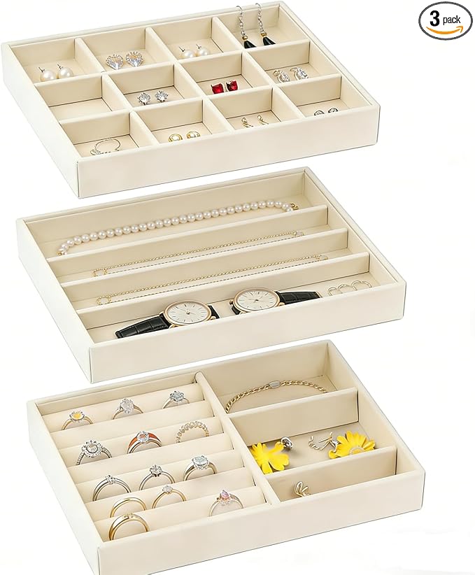 Jewelry Storage Organizer, Stackable Drawer Trays with Removable Dividers, Velvet Jewelry Display Case for Earrings Rings Necklaces Bracelets（3Pack）