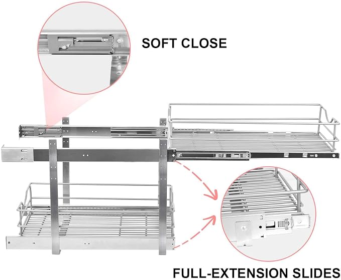 2 Tier Pull Out Cabinet Organizer,(20½"W x 22" D) Soft Close Slide Out Drawer For Kitchen Base Cabinet, Individual Pull Out Shelf, Roll Out Pantry Organization, 22 Inch Deep