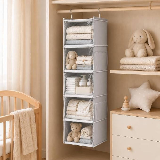 Vailando Hanging Closet Organizer – 5 Shelf Closet Hanging Storage Shelves with Clear Dust-Proof Covers for Clothes, Shoes, Purses, Gray