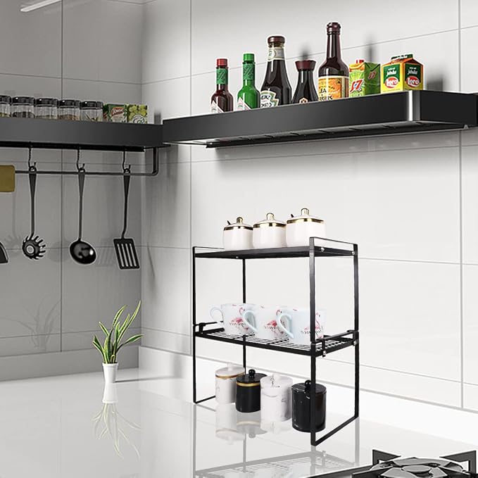 2 Pack Stackable Cabinet Shelf Organizer - Heavy-Duty Coated Metal Storage Rack, Non-Slip Space-Saving for Kitchen Pantry, Under Sink, Cupboard, Countertop (Black)