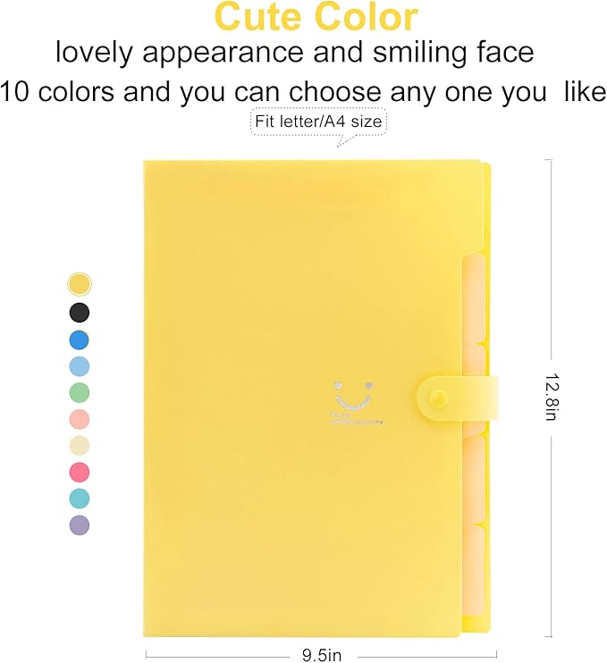 Forvencer Accordion File Organizer, Letter Size, 5 Pocket Expanding File Folder, Cute File Folder with Labels, Portable File Organizer for School Office Supplies, Folders for Documents, Bright Yellow