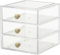 AJIODA Makeup Drawer Organizer Box with 3 Drawers, Acrylic Cosmetic Display Case Vanity Organizer Jewelry Storage Box Stackable Storage for Cosmetics, Skin Care, Bathroom, Countertop, Gold Handle