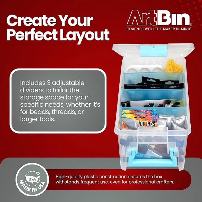 ArtBin 6925AA Semi Satchel with Removable Dividers, Portable Art & Craft Organizer with Handle, [1] Plastic Storage Case, Clear with Aqua Accents
