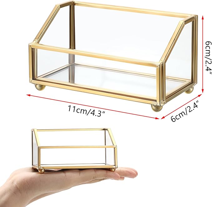 Hipiwe Glass Business Card Holder Stand, Gold Metal Frame Name Card Display Organizer, Office Desktop Countertop Business Cards Storage Holder, Fits 80-100 Business Cards