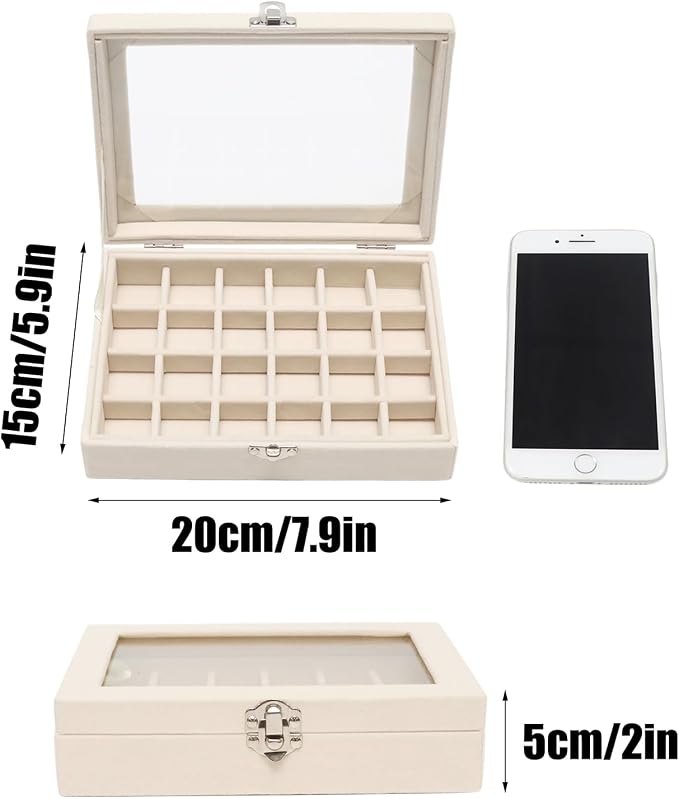 Small Velvet Jewelry Tray with Clear Lid, Lockable Ring Earring Holder Organizer Storage Box Case Jewelry Box Organizer for Rings Earrings Bracelets Brooches, 24 Grids Beige