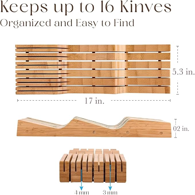 Bellemain 100% Pure Bamboo Knife Drawer Organizer, Knife Block - 16 Slots