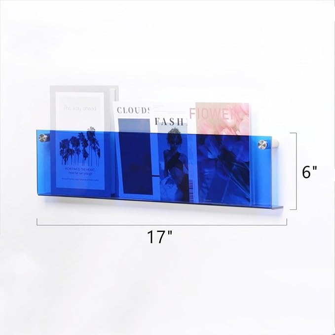 ROYALITA 2-Pack Acrylic Magazine Holder Brochure Holder, Blue 17 Inch | Record Magazine Rack, Fashion Floating Bookshelf, Literature Storage Rack for Waiting Room, Living Room, Office