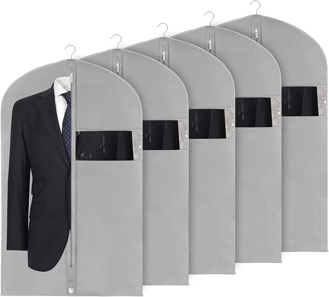 Syeeiex 40" Suit Bag, Set of 5 Garment Bag, Garment Bags for Hanging Clothes, Suit Bags for Closet Storage, Waterproof and Dustproof, Best for Suits, Shirts, T-shirts and Jackets on Closet(Grey)