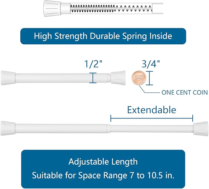 TYRON Small Spring Tension Curtain Rod 7 to 10.5 Inch, Mini Short Adjustable Tension Rod, Suitable for Narrow Window, Sidelight, Cupboard, Refrigerator (White, 2 Pack)