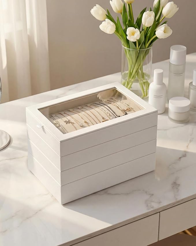 4-Layer Stackable Jewelry Organizer Trays with Tempered Glass Lid, White PU Leather Jewelry Drawer Inserts Display Case, Large Storage Box for Earring Necklace Ring Sunglasses