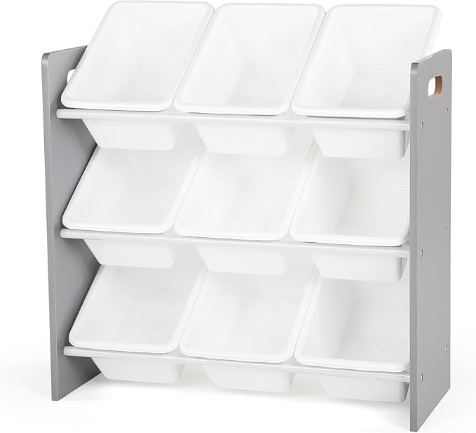 Humble Crew Toy Storage Organizer with 9 Removable Storage Bins for Kids Playroom, 3-Tier Toddler Toy Organization and Storage, Grey/White