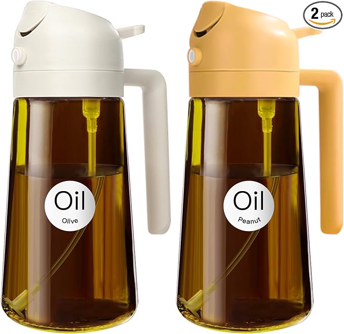 YARRAMATE 2PCS 16oz/470ml Oil Sprayer for Cooking with Stickers, Food-Grade 2 in 1 Olive Oil Dispenser Bottle for Kitchen, Premium Dark AmberGlass Oil Bottle for Air Fryer, BBQ(White & Orange)