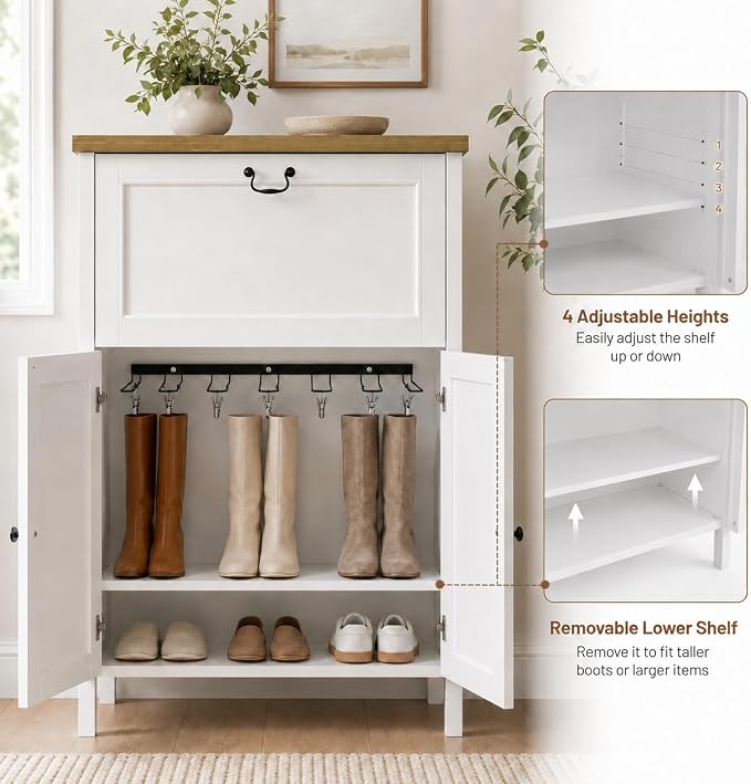RASOO Shoe Cabinet for Entryway with Flip Drawer Boot Storage Adjustable Shelves, 6 Clips & 7 Rack