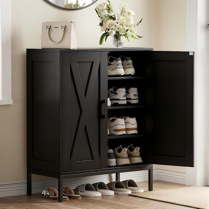 Homleke Farmhouse Shoe Cabinet with 2 Barn Doors & Metal Legs | Tall 4-Tier Shoe Storage Cabinet, 3 Adjustable Shelves, Shoe Rack Organizer, for Entryway, Hallway, Closet, Black