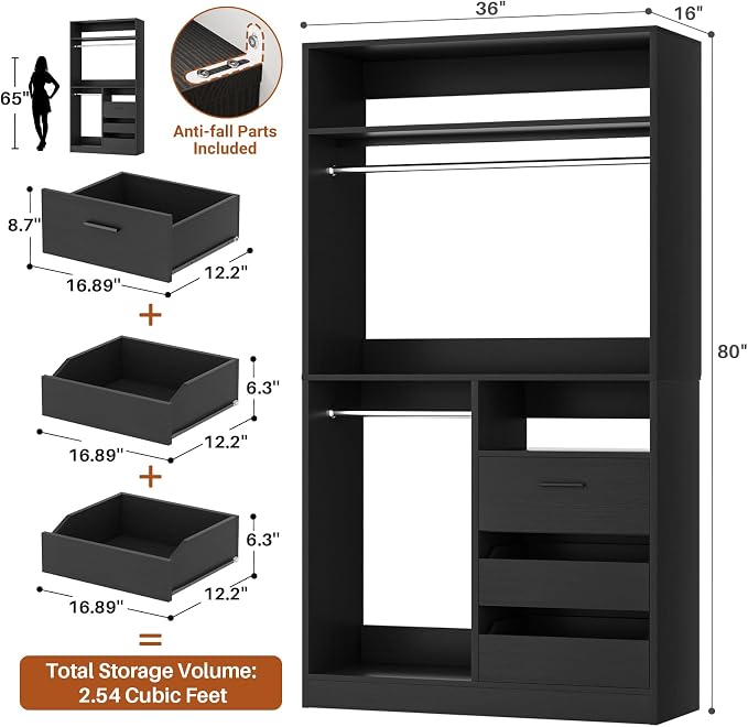 36 Inches Modular Closet Drawers System with Long Hanging Rods, 3FT Wood Closet Organiser with 3 Drawers, Walk-in Freestanding Wardrobe Storage Cabinet with 4 Shelves, Black (36"L x 15" W x 80" H)