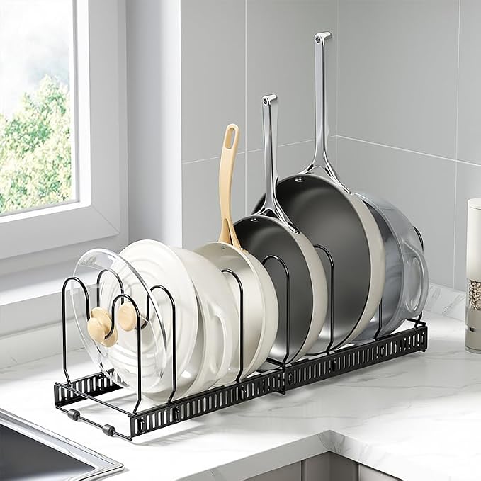 Expandable Pots and Pans Organizer Rack, Pot Lid Kitchen Cabinet Organizer Holder with 10 Adjustable Compartment, Cookware Rack for Kitchen Cabinet Storage, Black