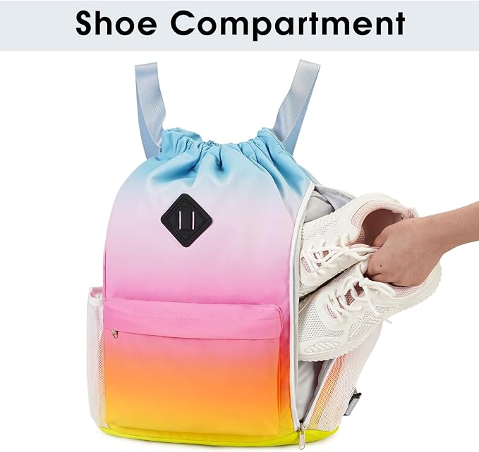 WANDF Drawstring Backpack with Shoe Compartment, Sports Gym Bag | Multi-Pocket Storage, Water-Resistant Fabric, Cinch String Bag