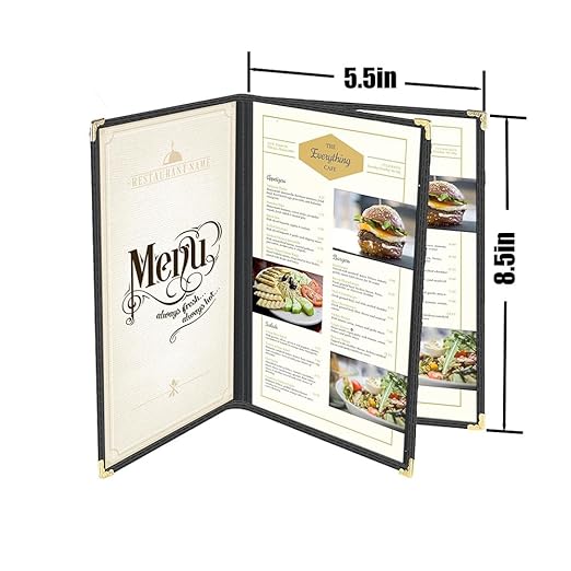 Goodsmart Restaurant Menu Covers – 25 Pack Black 6-View Booklet 5.5" x 8.5", Side-Loading Vinyl & Plastic Menu Holders, Clear Menu Sleeves, Leather-Style Café Covers with Gold Corners