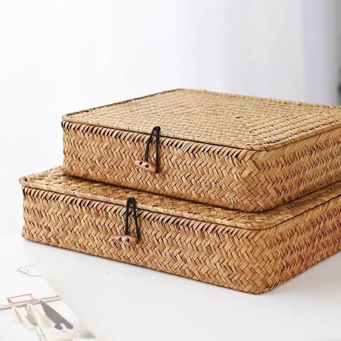 Seagrass Storage Baskets with Lids, Flat Wicker Basket, Shallow Woven Basket for Shelf, Decorative Storage Boxes for Organizing (Natural)