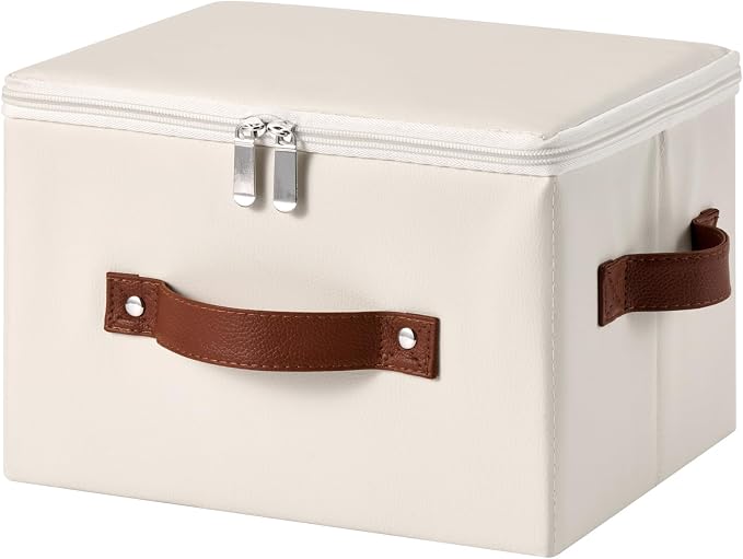 Storage Bin Box with Zippered Lid Decorative PU Leather Basket | Foldable Washable Stackable Clothing Container, Lidded Shelf Closet Organizer, with Handles & PP Plastic Boards, Beige-Small