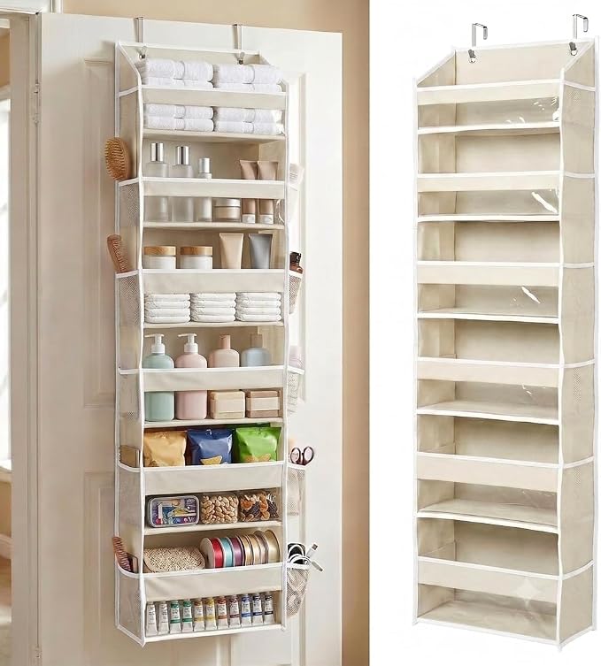 Over The Door Storage Organizer - Hanging Storage Organizer for Pantry Bedroom of Door Organizer 6 Large Pockets 12 Side mesh Pockets and 6 Bottom Panels Beige