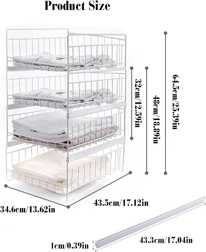 2-4 Tier Expandable Cabinet Pull Out Basket,Carbon Steel Stackable Shelf Baskets Organizer,Stackable Storage Bins,for Office Bathroom Bedroom,White-3 Tier